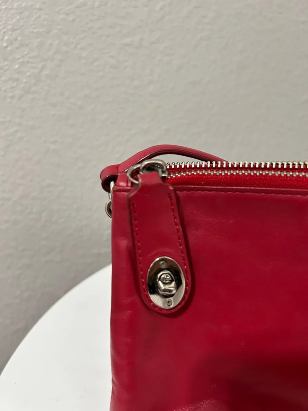 Coach Red Leather Double Compartment Crossbody Purse Silver Turn Lock Adjustable
